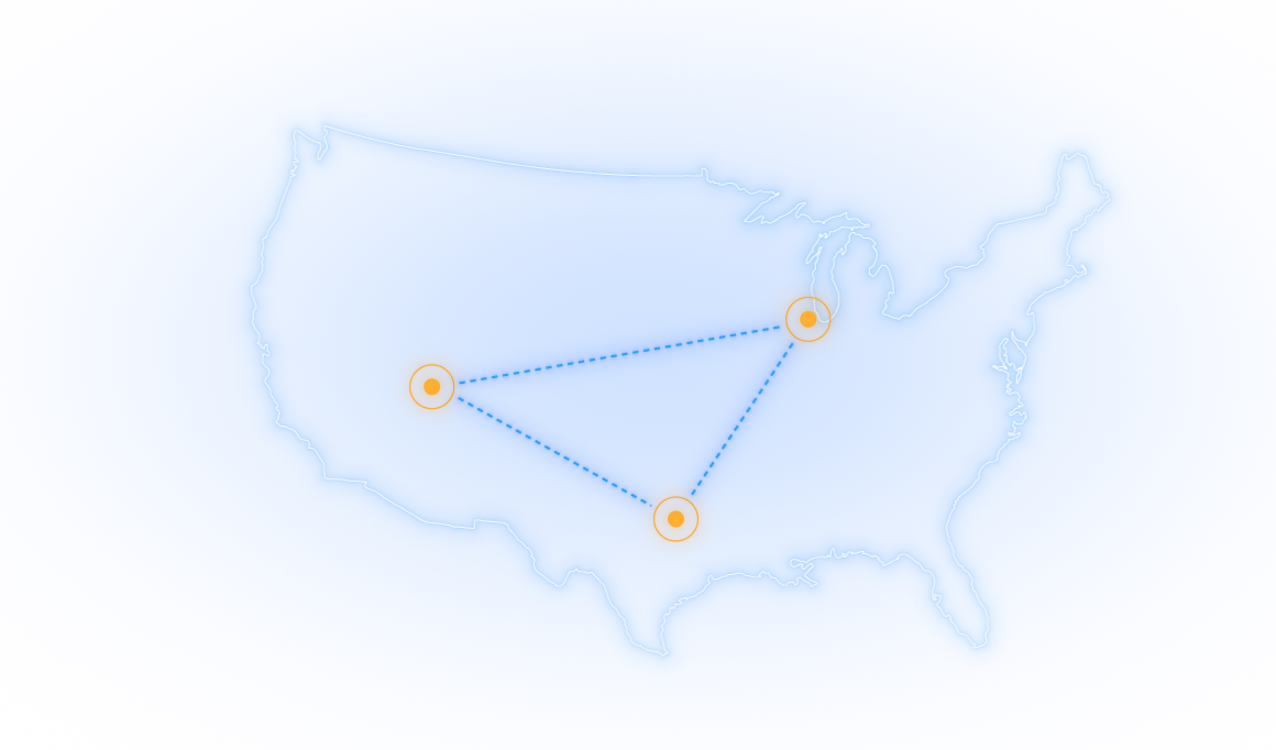 Map of the continental US with three points that form a triangle