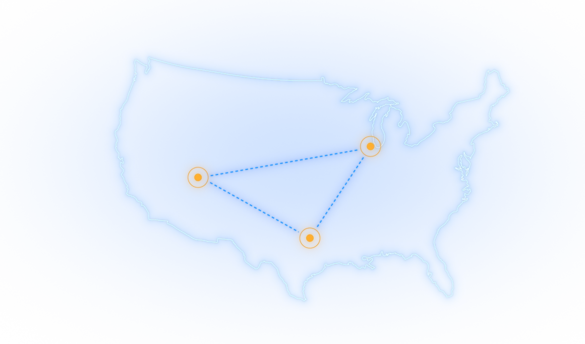 Map of the continental US with three points that form a triangle